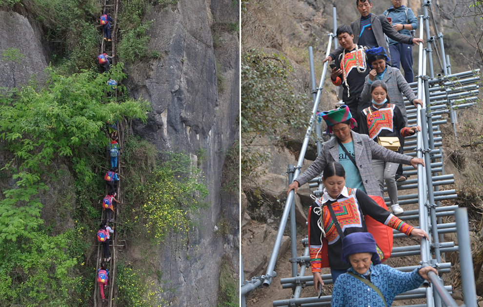 “懸崖村”今昔對比：左圖為2016年5月14日，孩子們在家長保護下攀爬木梯回家。右圖為2020年5月13日，昭覺縣支爾莫鄉(xiāng)阿土列爾村村民帶著行李通過鋼梯下山，搬遷至易地扶貧集中安置點的新家。